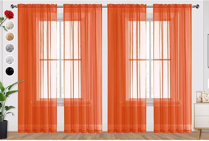 SpaceDresser Burnt Orange Sheer Curtains 4 Panels Rod Pocket Semi-Sheer Curtain 84 Inches Long Light Filtering Voile Window Drapes for Bedroom Living Room Kitchen, Each 52W x 84L