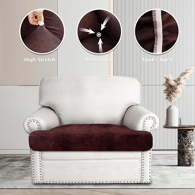 Leather Look Couch Cushion Covers Sofa Seat Slipcovers Sets Couches Furniture Protector for Sectional Armchair Loveseat Pets Kids Stretch Spandex Fabric (1 T-Cushion Armchair, Burgundy)