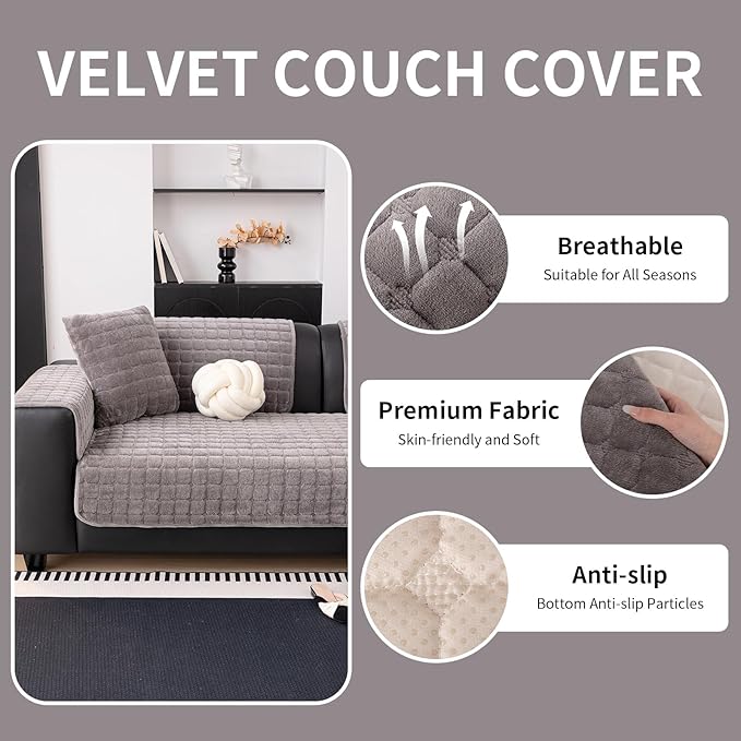 Velvet Couch Cover, Washable Sectional Sofa Cover, Anti Slip Sofa Slipcovers for 3 Cushion Couch Sofa L Shaped Recliner, Furniture Protector Covers for Pets Kids(Dark Grey, Only 1 PCS)