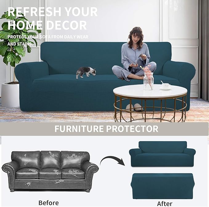 Easy-Going Stretch Sofa Slipcover 1-Piece Sofa Cover Furniture Protector Couch Soft with Elastic Bottom for Kids, Polyester Spandex Jacquard Fabric Small Checks (Sofa, Deep Teal)