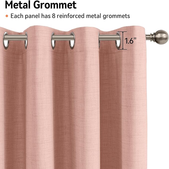 100% Blackout Shield Linen Blackout Curtains for Bedroom, Blush Pink Grommet Curtains for Living Room, Thermal Insulated Room Darkening Drapes for Nursery, Boho Home Decor, 50" W x 96" L, 2 Panels