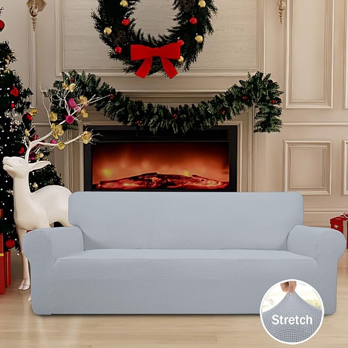 Easy-Going Stretch Oversized Sofa Slipcover 1-Piece Sofa Cover Furniture Protector Couch Soft with Elastic Bottom for Kids, Polyester Spandex Jacquard Fabric Small Checks Silver Gray