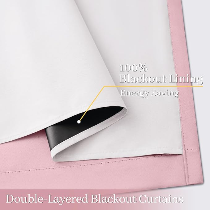 Yakamok 100% Blackout Curtain Panels 84 inches Cold and Light Blocking Drapes for Nursery, 2 Thick Layers Thermal Insulated Draperies (2 Pieces, 40 Wide Each Panel, Pink Front with White Backing)