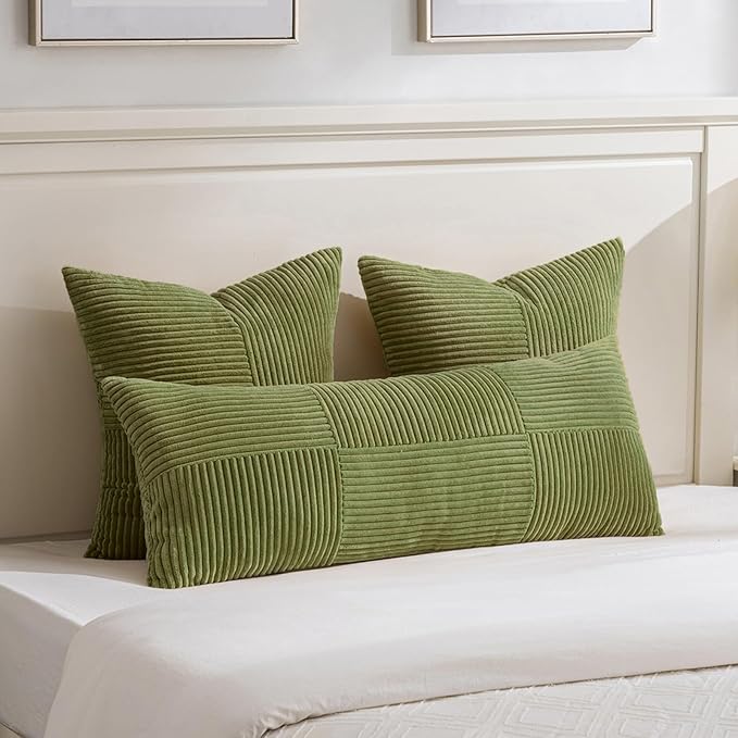 Fancy Homi 2 Packs Moss Green Decorative Throw Pillow Covers 22x22 Inch for Living Room Couch Bed Sofa, Farmhouse Boho Home Decor, Soft Corss Corduroy Patchwork Accent Square Cushion Case 55x55 cm