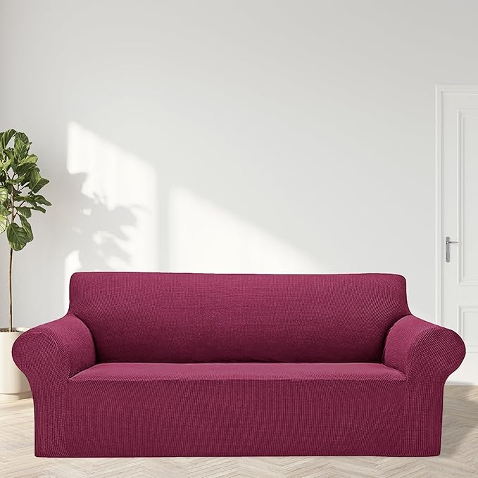 Cupuamon 2026 New Stretch Oversized Sofa Slipcovers Couch Sofa Cover for 4 Seater Furniture Protector Covers with Elastic Bottom Jacquard Fabric Small Checks for Pets, Kids - Wine