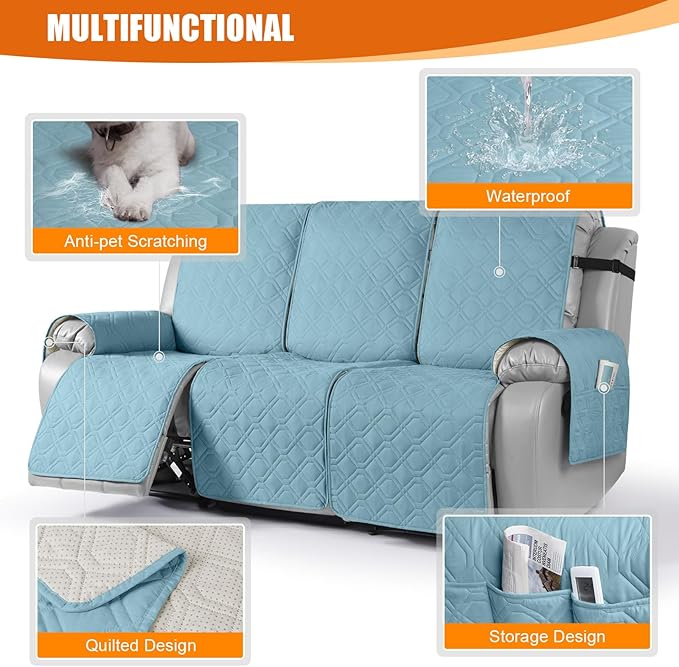 VANSOFY Waterproof Recliner Couch Covers, Sofa Covers 1-Piece Washable Reclining Sofa Cover Non-Slip Furniture Protector with Elastic Straps Pocket for Dogs, Pets(Azuree,3 Seater)