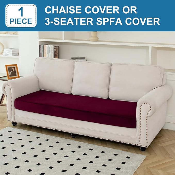 Couch Cover Velvet Chaise Cushion Cover for Sectional Sofas - Elastic L-Shaped Sofa Seat Covers Washable, Slipcover Protector (1-Piece, Wine)