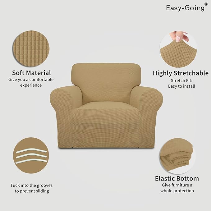 Easy-Going Stretch Chair Sofa Slipcover 1-Piece Couch Sofa Cover Furniture Protector Soft with Elastic Bottom for Kids, Pet. Spandex Jacquard Fabric Small Checks (Chair, Golden)