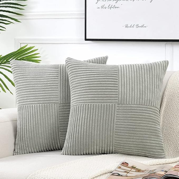 Fancy Homi 2 Packs Grey Euro Decorative Throw Pillow Covers 26x26 Inch for Couch Bed, Rustic Farmhouse Boho Home Decor, Soft Corss Corduroy Patchwork Textured Square Gray Cushion Case 66x66 cm