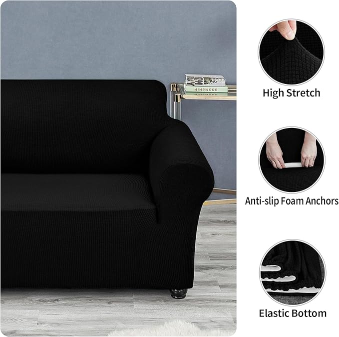 Joccun Stretch Loveseat Couch Cover Slipcover, 1-Piece Sofa Cover for 2 Cushion Couch Spandex Jacquard Washable Furniture Protector Cover for Living Room,Kids,Pets（Loveseat,Black）