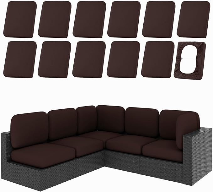 hyha 12Pcs Patio Cushion Covers, Stretch Outdoor Couch Cushion Covers Replacement, Washable Outdoor Chair/Sofa Slipcovers for Patio Furniture Cushions Protector with Elastic Bottom(Coffee,Cover Only)