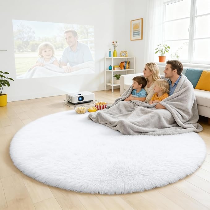 OLANLY White Round Rugs for Bedroom - Machine Washable, 7 ft Circle Area Rugs for Living Room, Soft and Fluffy Shaggy Carpet for Teen Girls and Boys, Nursery Rooms, Dorms, Home Decor Aesthetic