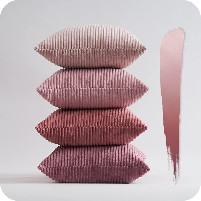 Topfinel Pink Throw Pillow Covers 12x12 Inch Set of 4,Soft Farmhouse Corduroy Decorative Cushion Cover,Square Cute Pillow Case for Gril's Bedroom Couch Sofa Living Room,Spring Series Home Decor