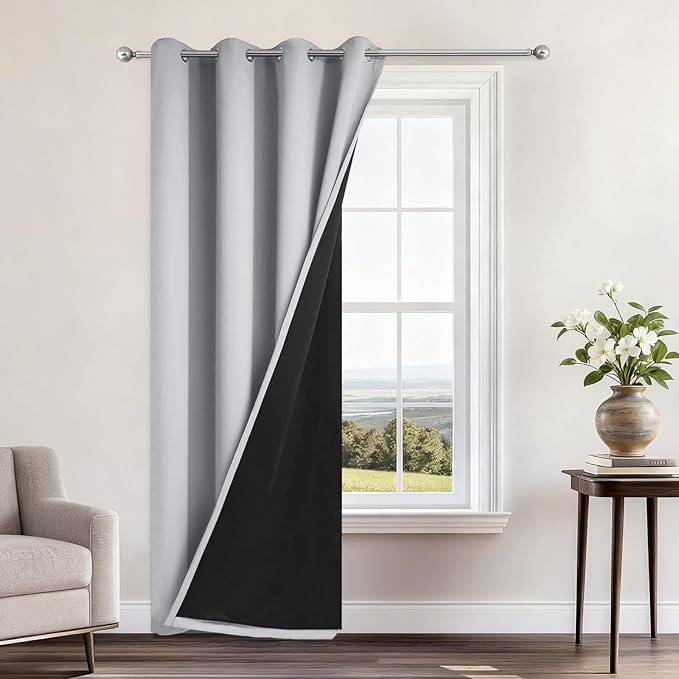Yakamok 100% Blackout Curtains 96 Inches Long, 2 Thick Layers Heat and Full Light Blocking Soft Thermal Insulated Drapes for Bedroom(52" Wide Each Panel, Light Grey, 1 Panel)
