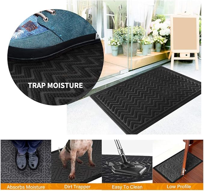 Mibao Front Door Mat, Dirt Trapper Welcome Mat for Outdoor Indoor, Non-Slip Waterproof Doormat, Durable Low Profile Entry Rug for Back Door Outside Patio Porch, 35.5" x 24", Black