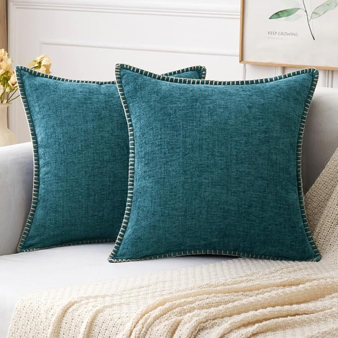 MIULEE Pack of 2 Couch Throw Pillow Covers 18x18 Inch Dark Teal Farmhouse Decorative Pillow Covers with Stitched Edge Soft Chenille Solid Dyed Spring Pillow Covers for Sofa Bed Living Room