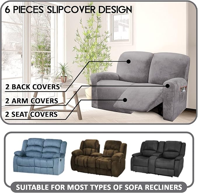 ULTICOR Reclining Love Seat Slipcover, 48" - 65" L, 6-Piece Velvet Stretch Loveseat Reclining Sofa Covers, 2 seat Love seat Recliner Cover, Thick, Soft, Washable (Light Grey)
