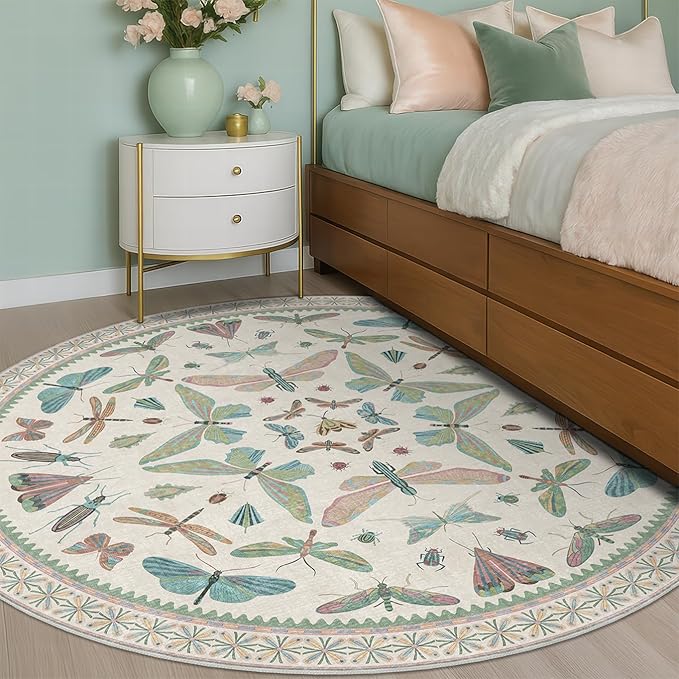 Hazo Haus Green and Blue Insect 6ft Round Soft Rugs for Nursery, Bedroom Beside Bed - Non Skid Rug Low Pile Washable Living Room Rugs, Forest Butterfly Design Stain Resistant Home Décor