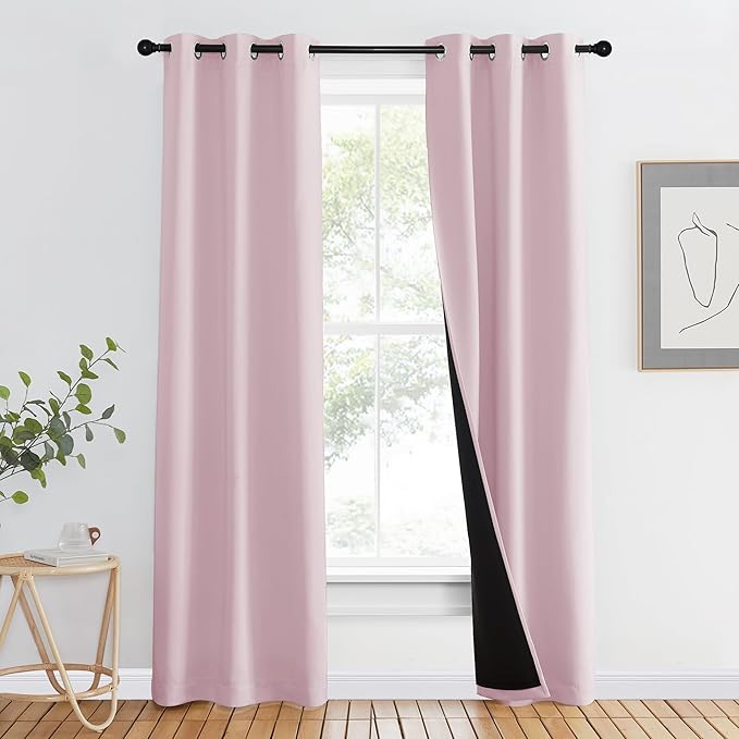 NICETOWN 100% Blackout Window Curtain Panels, Heat and Cold Blocking Drapes with Black Liner for Nursery, 80" Thermal Insulated Draperies (Lavender Pink, 2 Pieces, 37" Wide Each Panel)