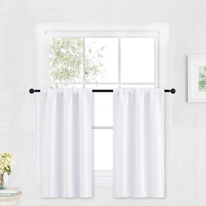 RYB HOME Cafe Curtains 30 inch Length, Short Light UV Heat Blocking Energy Saving Privacy Curtain Tiers for Basement Bathroom Kitchen Window, Width 29 by Length 30, Pure White, 2 Panels