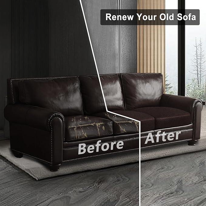 Leather Look Couch Cushion Covers Sofa Seat Slipcovers Sets Couches Furniture Protector for Sectional Armchair Loveseat Pets Kids Stretch Spandex Fabric (3 Cushion Sofa, Chocolate)