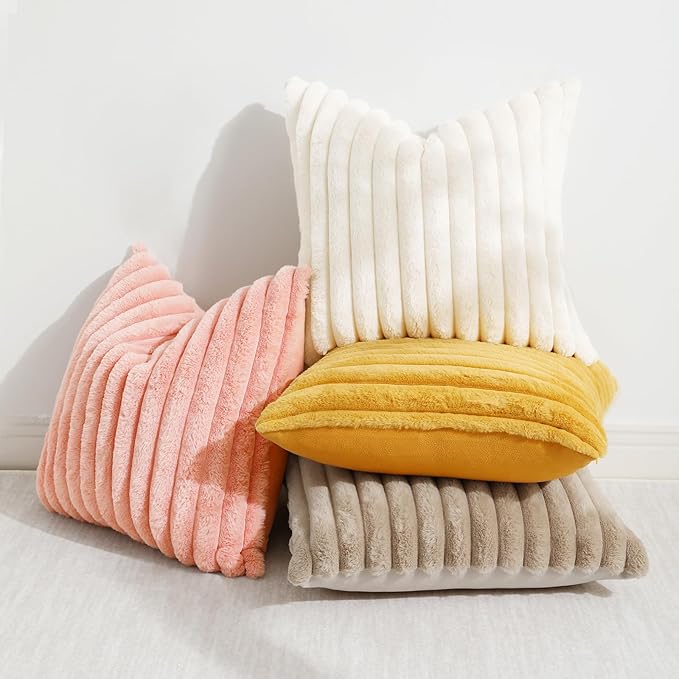 decorUhome Summer Cozy Faux Fur Throw Pillow Covers 12x20 Set of 2 Decorative Plush Striped Lumbar Modern Farmhouse Boho Couch Pillow Cases with Velvet Back for Sofa Bed Living Room, Blush Pink