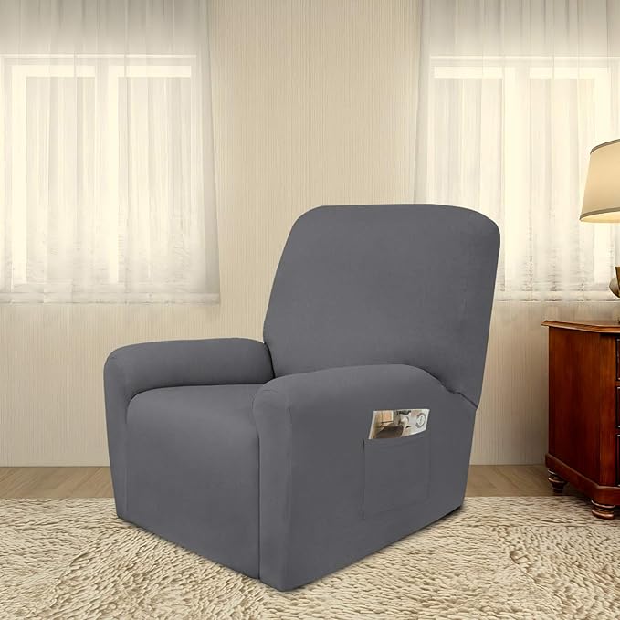 PureFit Super Stretch Chair Sofa Slipcover with Pocket – Spandex Non Slip Soft Couch Sofa Cover, Washable Furniture Protector with Elastic Bottom for Kids, Pets （Recliner, Gray ）