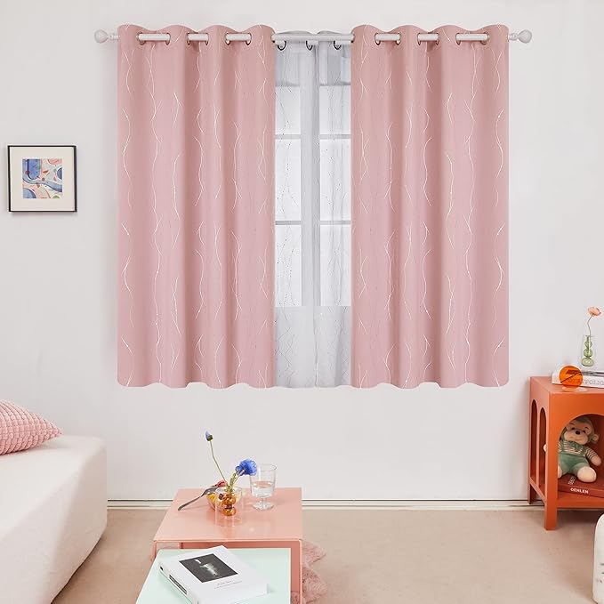 Deconovo Pink Curtains, Blackout Drapes, Thermal Insulated Soundproof Curtain, Silver Wave Dots Print, 52 x 63 Inch Long, Machine Washable Window Panels for Girls Bedroom Living Room Nursery, Set of 2