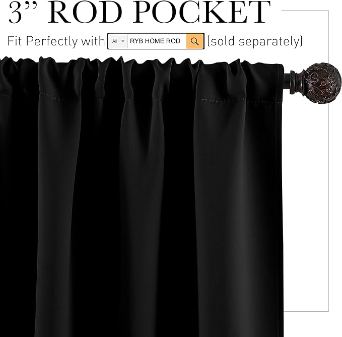 RYB HOME Short Blackout Curtains for Small Window, Sunmmer Heat Light Blocking Privacy Protection Curtains for Sunroom Laundry Room Stair Window, Width 52 by Length 36, Black, Set of 2