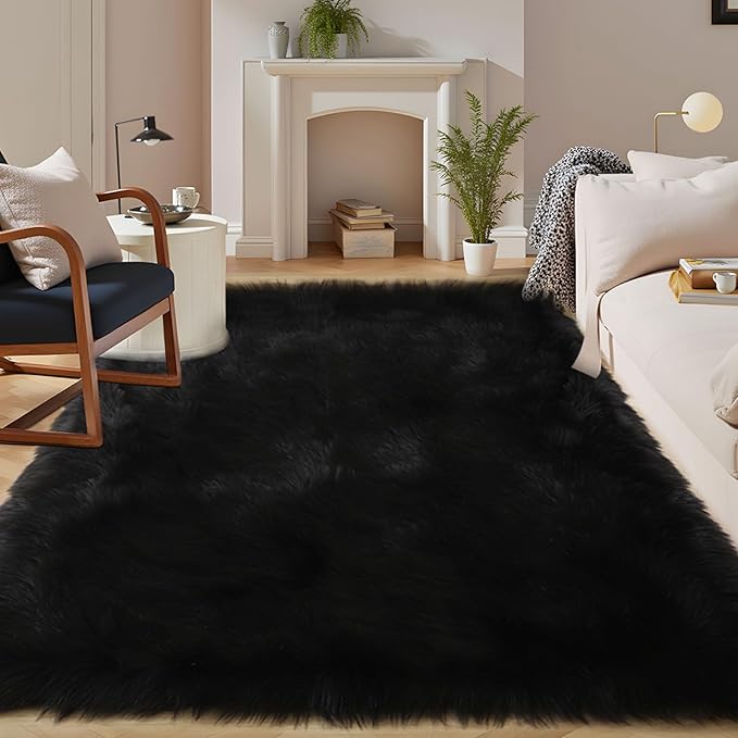 Latepis Black Faux Fur Rug 8x10, Faux Fur Sheepskin Rug for Living Room, Fluffy Washable Fuzzy Rugs Carpet for Bedroom, Luxury Room Decor, Rectangle
