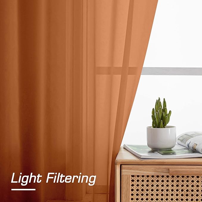 OWENIE Sheer Curtains 72 Inches Long 2 Panels Set, Light Filtering Sheer Curtain Rod Pocket Clear Drapes for Living Room Bedroom Window Sliding Door, Each 42 x 72 Inch, Orange