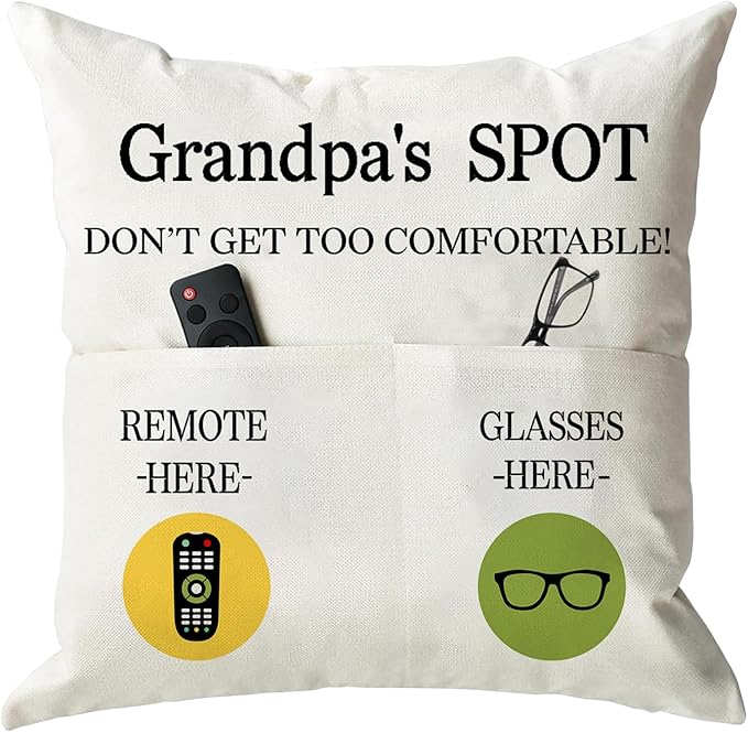 ONFAON Grandpa Gifts,Grandpa's Spot Throw Pillow Covers 18x18 Inch for Bed Sofa Couch,Birthday Christmas Thanksgiving Day Gifts for Grandpa Stepdad,2-Pocket