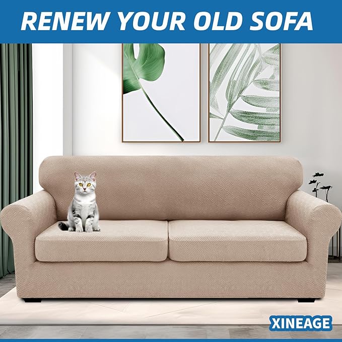 XINEAGE 2026 New 3 Pieces Couch Covers for 2 Extra Large Cushion Sofa Super Stretch Sofa Cover for 2 Large Seat Cushion Universal Loveseat Slip Cover for Living Room (Khaki), 71"-91"(2 Cushions)