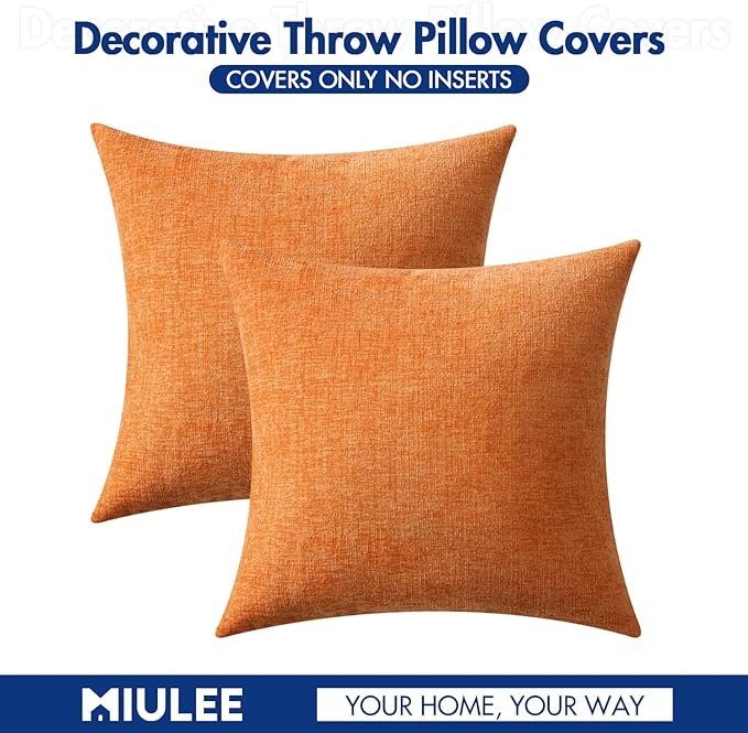 MIULEE Pack of 2 Orange Throw Pillow Covers 20x20 Inch Soft Chenille Pillow Covers for Sofa Living Room Couch Solid Dyed Cases