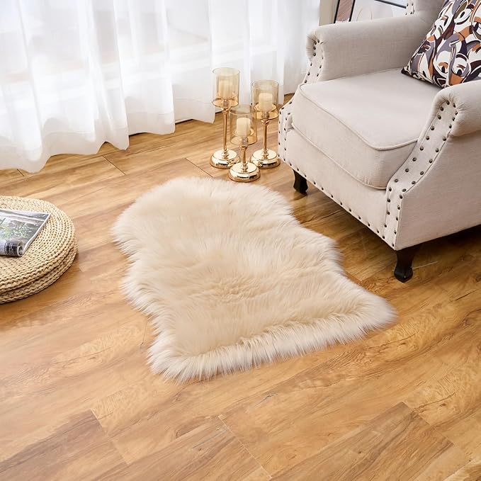 EasyJoy Ultra Soft Fluffy Shaggy Area Rug Faux Fur Rug Chair Cover Seat Pad Fuzzy Area Rug for Bedroom Floor Sofa Living Room (2 x 3 ft Sheepskin, Beige)