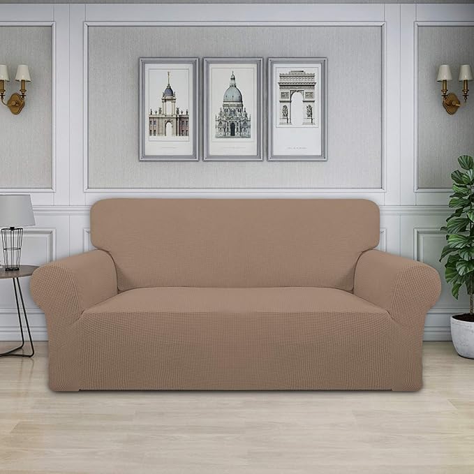 Easy-Going Stretch Loveseat Slipcover 1-Piece Sofa Cover Furniture Protector Couch Soft with Elastic Bottom for Kids Polyester Spandex Jacquard Fabric Small Checks (Loveseat, Camel)