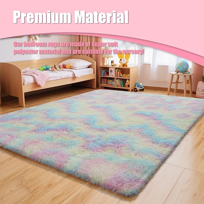 6x9 Fluffy Area Rug for Living Room,Shag Area Rugs for Bedroom,Soft Fuzzy Rug Non-Shedding Indoor Plush Carpet for Kids Bedroom Nursery Dorm Home Decor,Rainbow