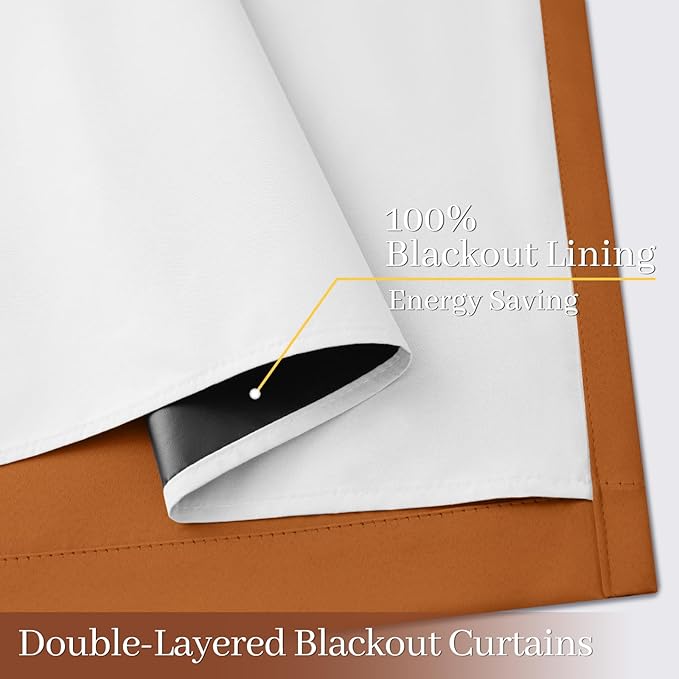 Yakamok 100% Blackout Curtain Panels 63 inches Cold and Light Blocking Drapes for Nursery, 2 Thick Layers Thermal Insulated Draperies (2 Pieces, 50 Wide Each Panel, Burnt Orange/White Backing)