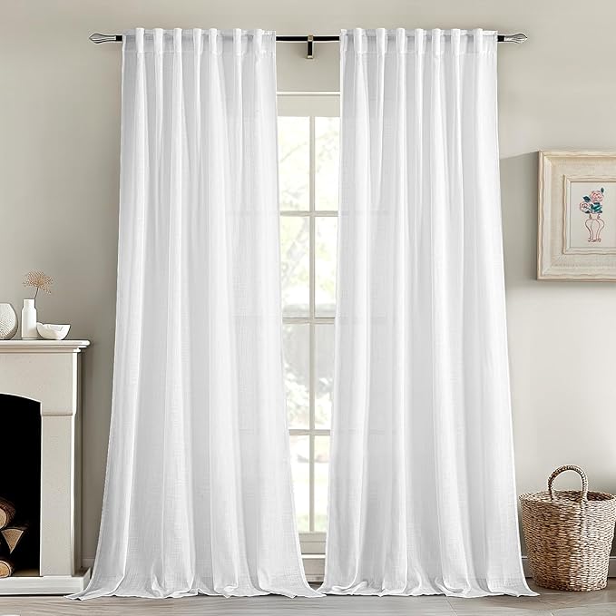 MIULEE White Linen Curtains 80 Inch Length 2 Panels for Bedroom Living Room, Soft Thick Linen Textured Back Tab Window Drapes Semi Sheer Light Filtering Rod Pocket Modern Farmhouse Decor