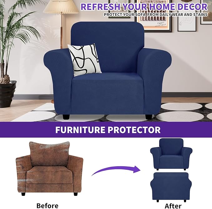 ZNSAYOTX Super Stretch Chair Slipcover (30"-47"), New Striped Sofa Chair Covers for Living Room, Dogs Pet Friendly Anti-Slip Chair Protector Spandex Armchair Slipcovers (Navy Blue, Chair)