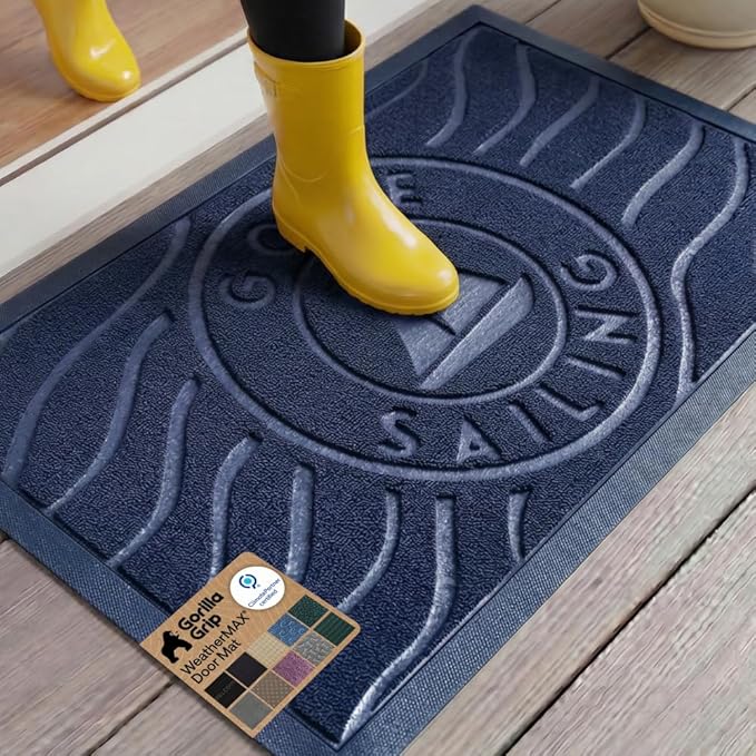 GORILLA GRIP 100% Waterproof All-Season WeatherMAX Doormat 35x23, US Designed Natural Rubber, Stain and Fade Resistant, Low Profile Indoor Outdoor Door Mats, Easy Clean Patio Mat, Blue Sailing