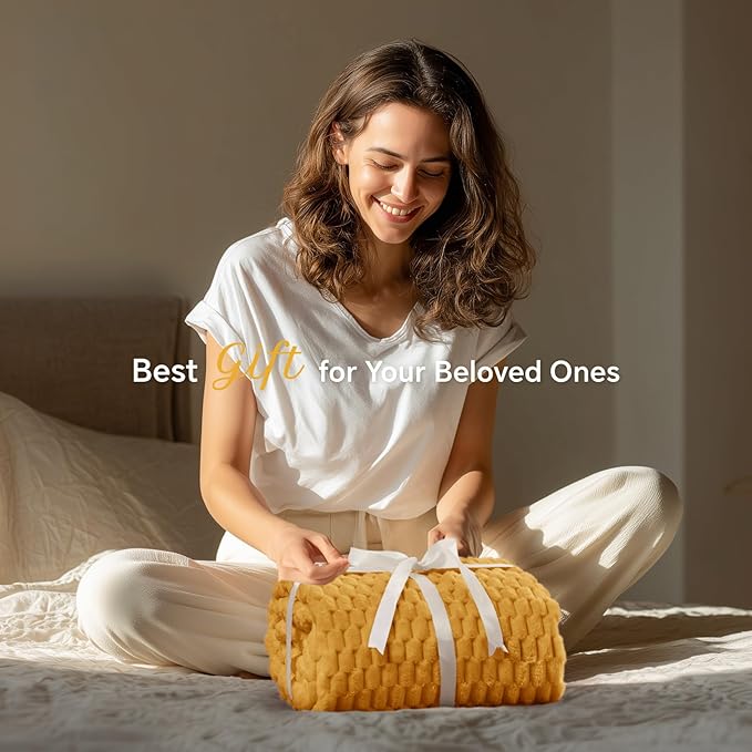 BEDELITE Fleece Blanket Twin Size for Bed Couch, 3D Jacquard Decorative Mustard Yellow Throw, Soft and Cozy Warm Plush Fuzzy Blanket All Seasons Suitable, 60x80Inches