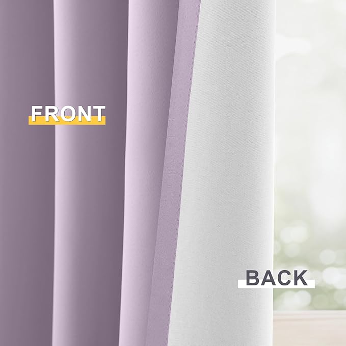 Yakamok 100% Blackout Curtain Panels 84 inches Cold and Light Blocking Drapes for Nursery, 2 Thick Layers Thermal Insulated Draperies (2 Pieces, 50 Wide Each Panel, Lilac Front with White Backing)