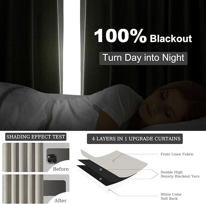 102 inch blackout curtains for Sliding door 2 Panels 100% Blackout Linen texture Window Drapes with Back Tab Rod Pocket Light Blocking Thermal Insulated Curtains for Bedroom Living Room Flax Grey