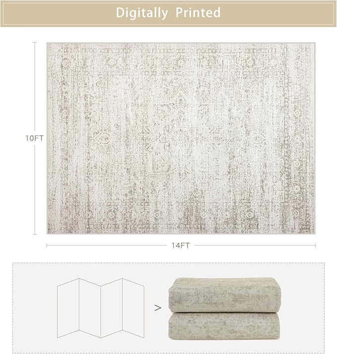 Washable Rugs 10x14 Area Rugs for Living Room,Rugs for Bedroom,Large Carpets,Ultra Soft Faux Wool Retro Dining Room Rug,Non Slip&Non-Shedding Low Pile Vintage Print Rug for Home Office Decor