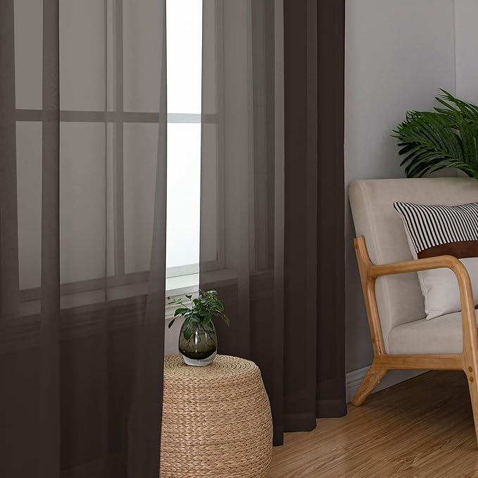 Chyhomenyc Chocolate Brown Sheer Curtains 54 Inch Long 2 Panels, Light Filtering Rod Pocket Voile Short Curtains Drapes for Living Room Bedroom Small Windows, 42Wx54L Inches