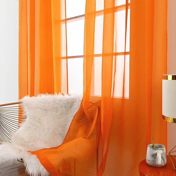SpaceDresser Orange Sheer Curtains 4 Panels Rod Pocket Semi-Sheer Curtain 54 Inches Long Light Filtering Voile Window Drapes for Bedroom Living Room Kitchen, Each 52W x54L