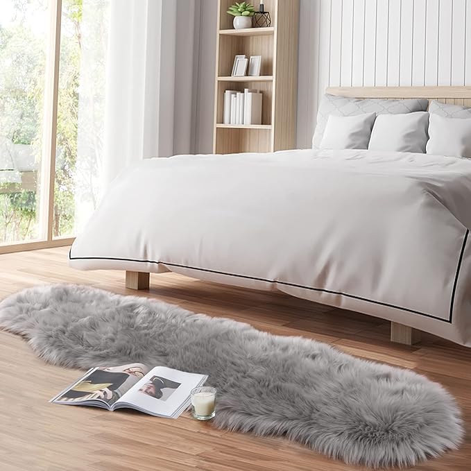 Faux Fur Rug for Bedroom, Gray Fluffy Rug Soft Sheepskin Runner Rug Sofa Couch Seat Cushion, 2x6ft Grey Plush Area Shag Rugs Floor Carpets for Nursery Bedside, Cute Shaggy Fuzzy Home Decor