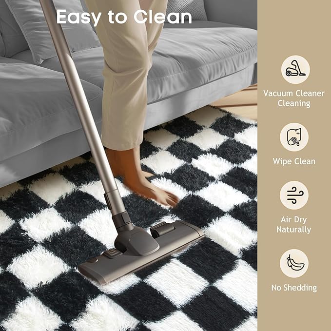Ophanie Checkered Black & White Rug for Living Room Bedroom, Fluffy Soft Cute Fuzzy Area Rugs, Shag Plush Shaggy Bedside Floor 4x6 Furry Carpet for Kids Baby Teen Dorm Nursery Home Decor Aesthetic