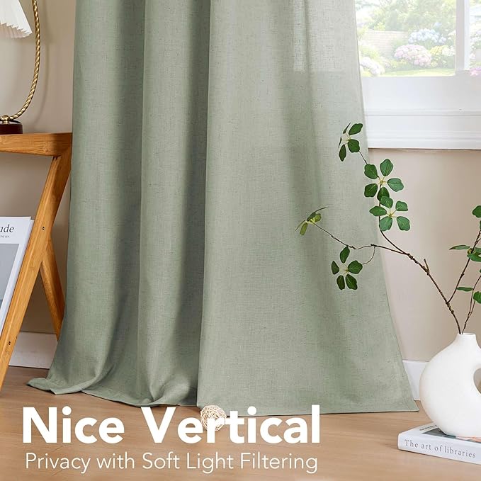 H.VERSAILTEX Living Room Linen Curtains - Semi Sheer, Nickel Grommet Energy Saving Light Filtering Window Treatments Panels for Bedroom, Sea Grass, 2 Panels, 52 x 96 Inch